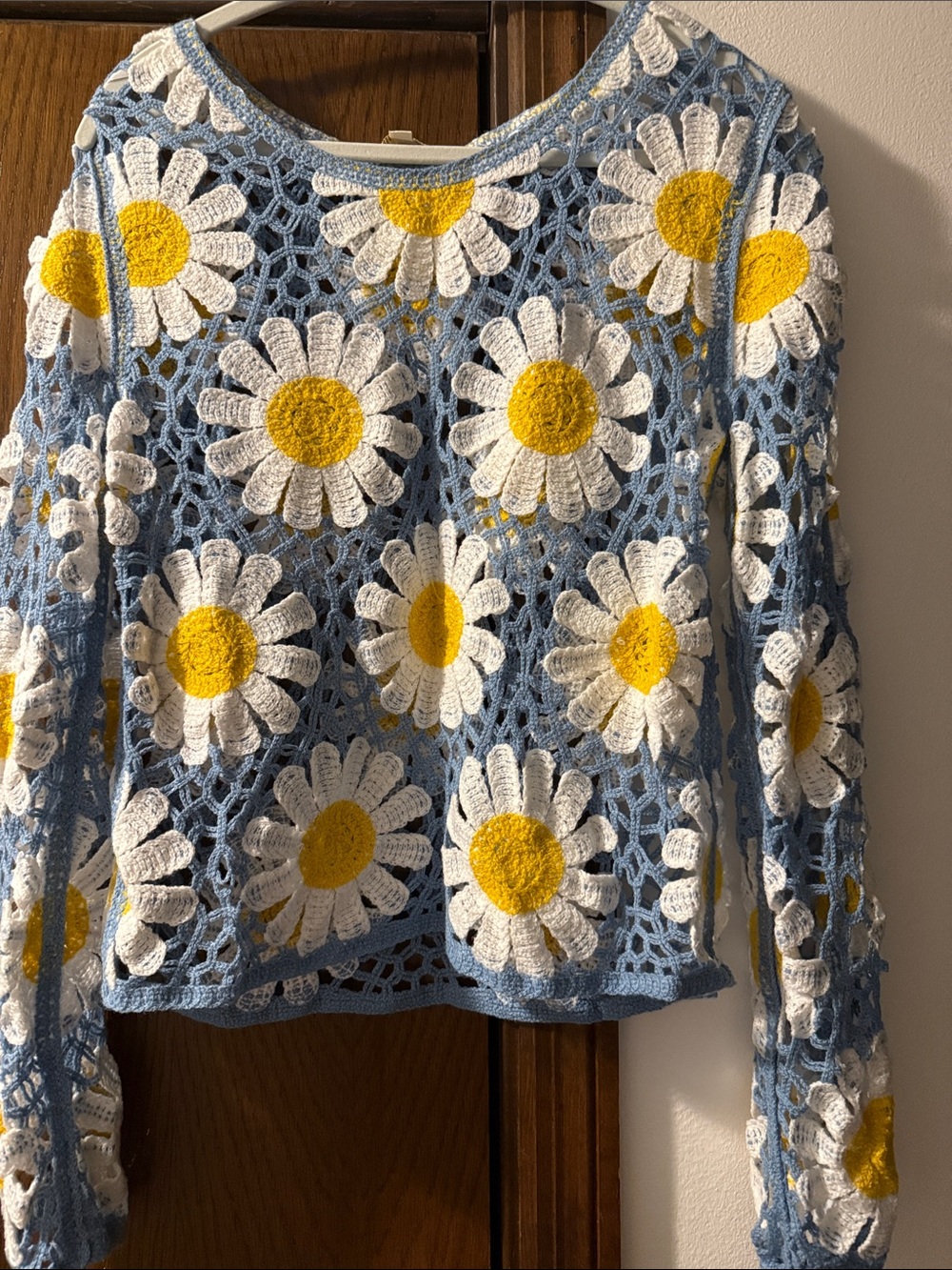 Rebellion Light Blue Crochet Daisy Pullover with White & Yellow Flowers - Picture 3 of 4